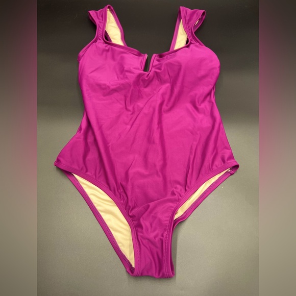 New Shade n Shore square neck purple /raspberry lined one piece swimsuit. Size M - Picture 1 of 7